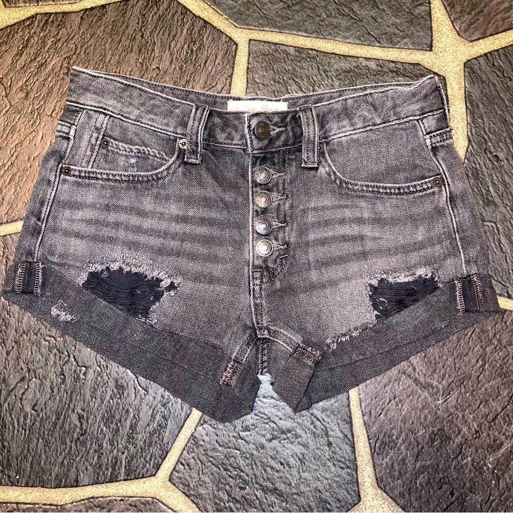 Free People Distressed Black Denim Shorts Button Fly Size 24